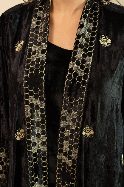 MAZNEEN Makhmal Zari Embroidery Cape in Black Colour