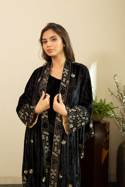 MAZNEEN Makhmal Zari Embroidery Cape in Black Colour