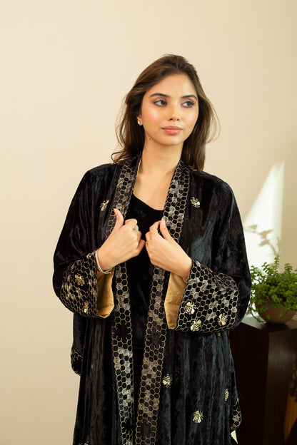 MAZNEEN Makhmal Zari Embroidery Cape in Black Colour