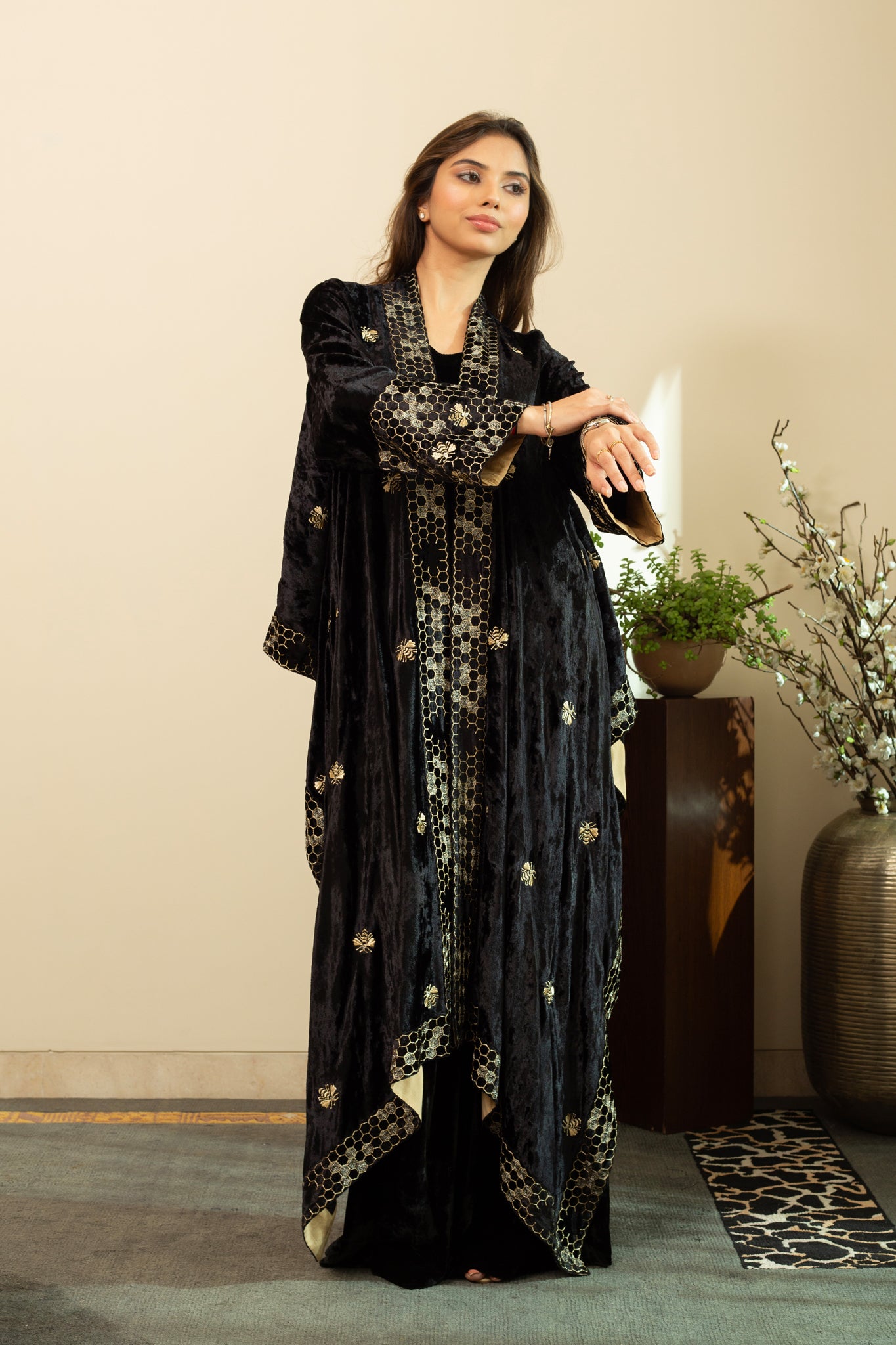 MAZNEEN Makhmal Zari Embroidery Cape in Black Colour