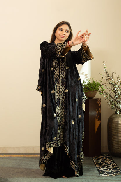 MAZNEEN Makhmal Zari Embroidery Cape in Black Colour