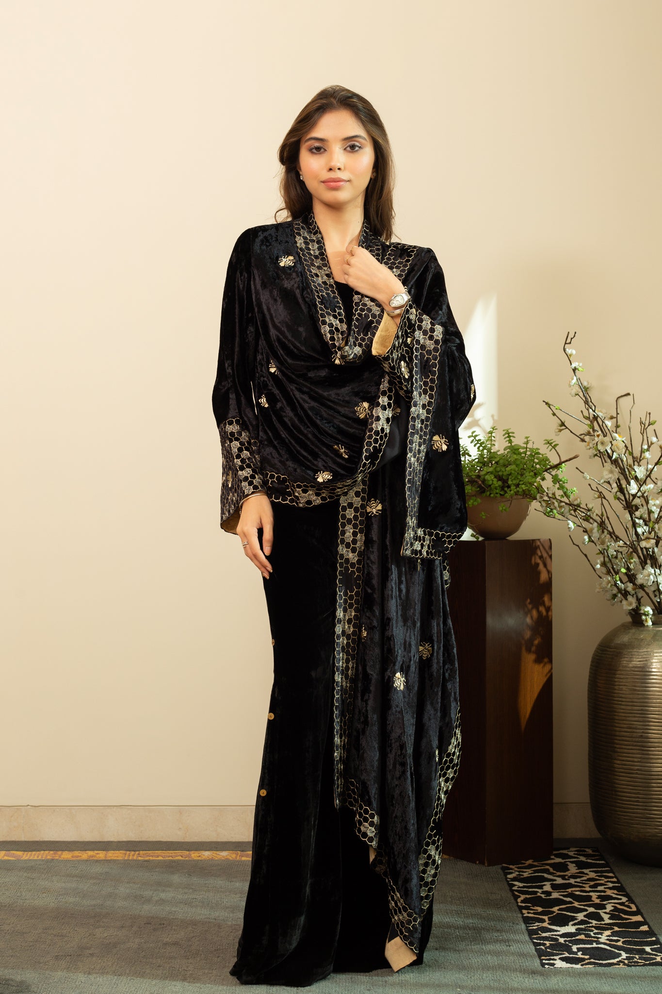 MAZNEEN Makhmal Zari Embroidery Cape in Black Colour