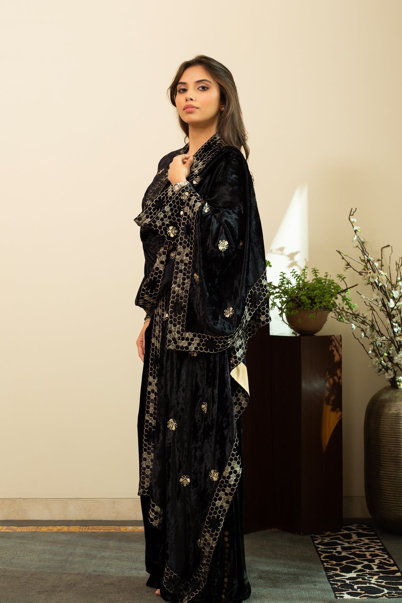 MAZNEEN Makhmal Zari Embroidery Cape in Black Colour