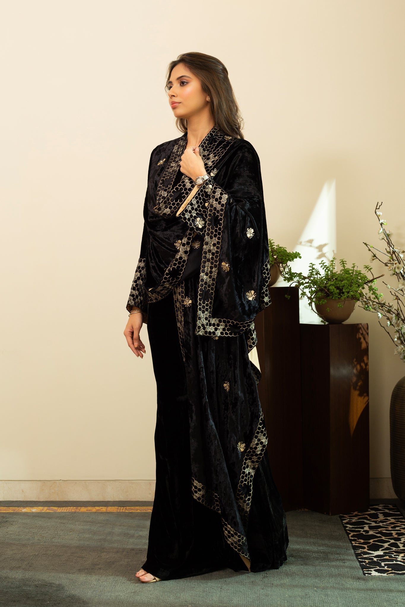 MAZNEEN Makhmal Zari Embroidery Cape in Black Colour