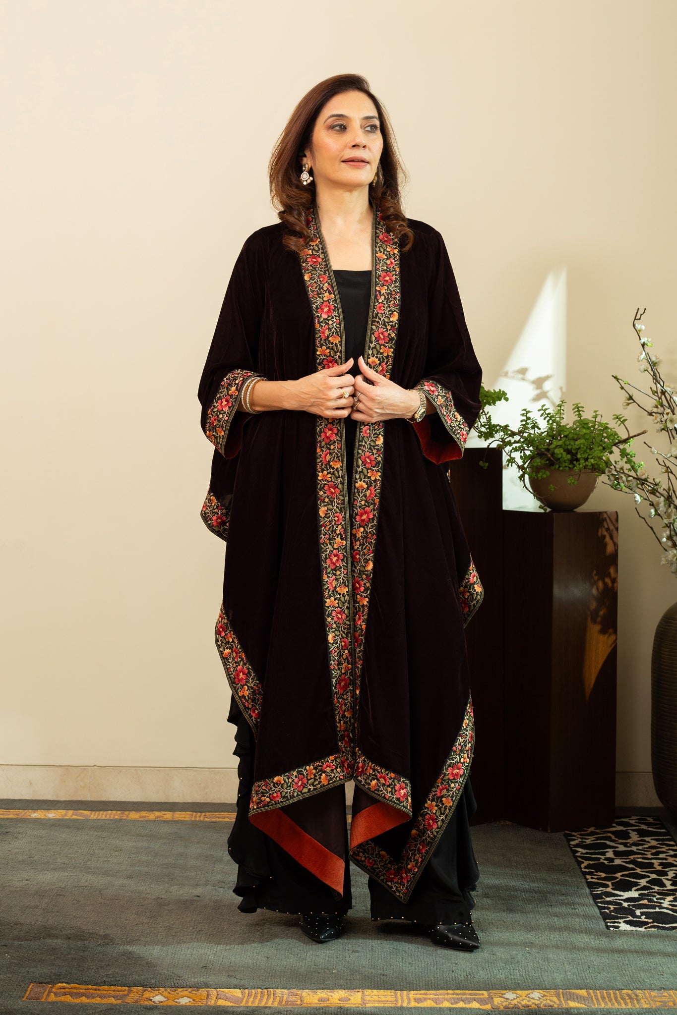 FAREEN Velvet Cape with Parsi Gara Embroidery in Umber Brown Colour