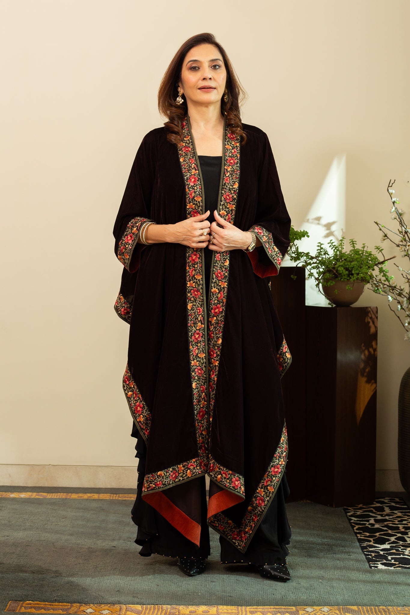 FAREEN Velvet Cape with Parsi Gara Embroidery in Umber Brown Colour