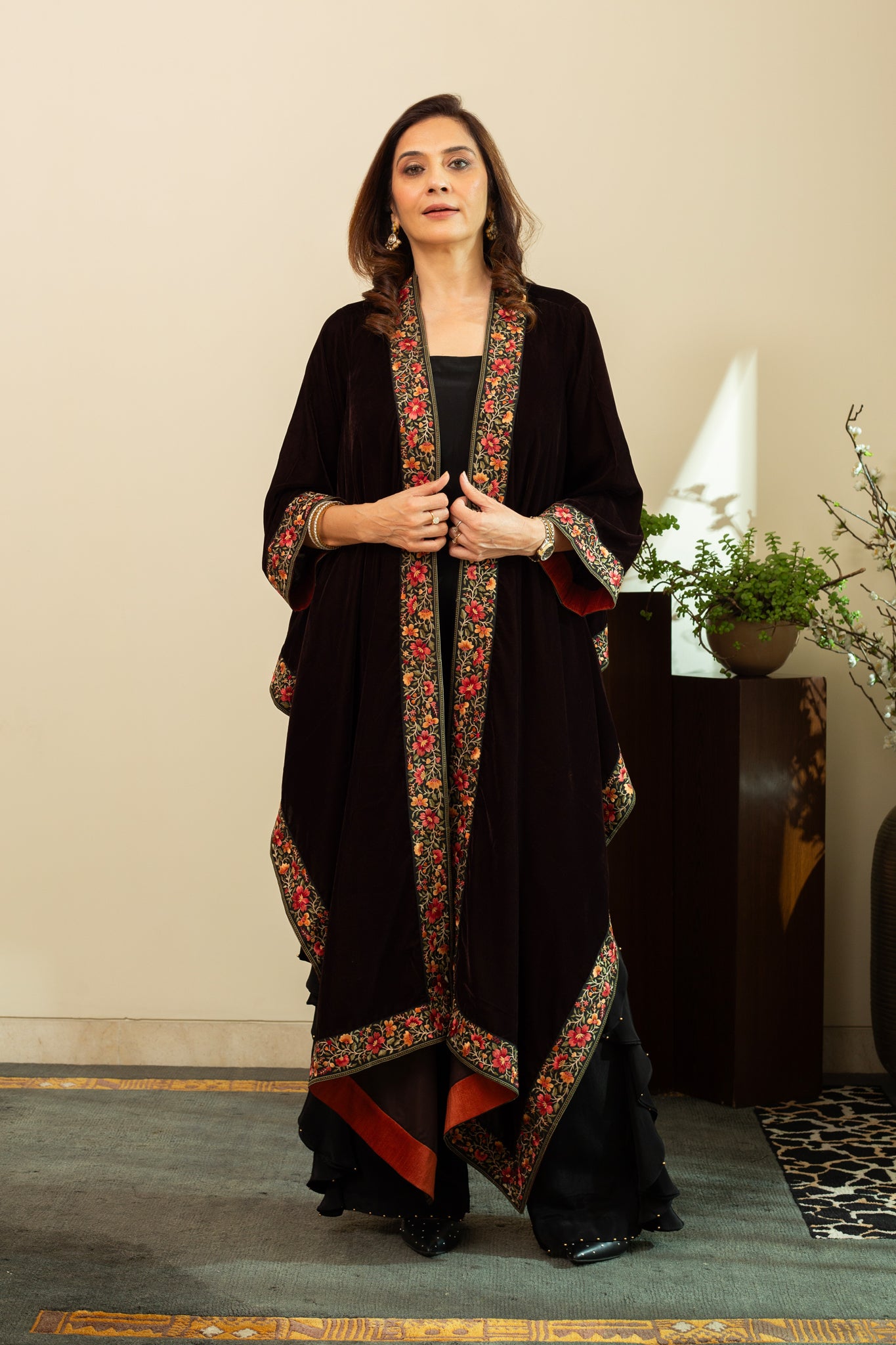 FAREEN Velvet Cape with Parsi Gara Embroidery in Umber Brown Colour