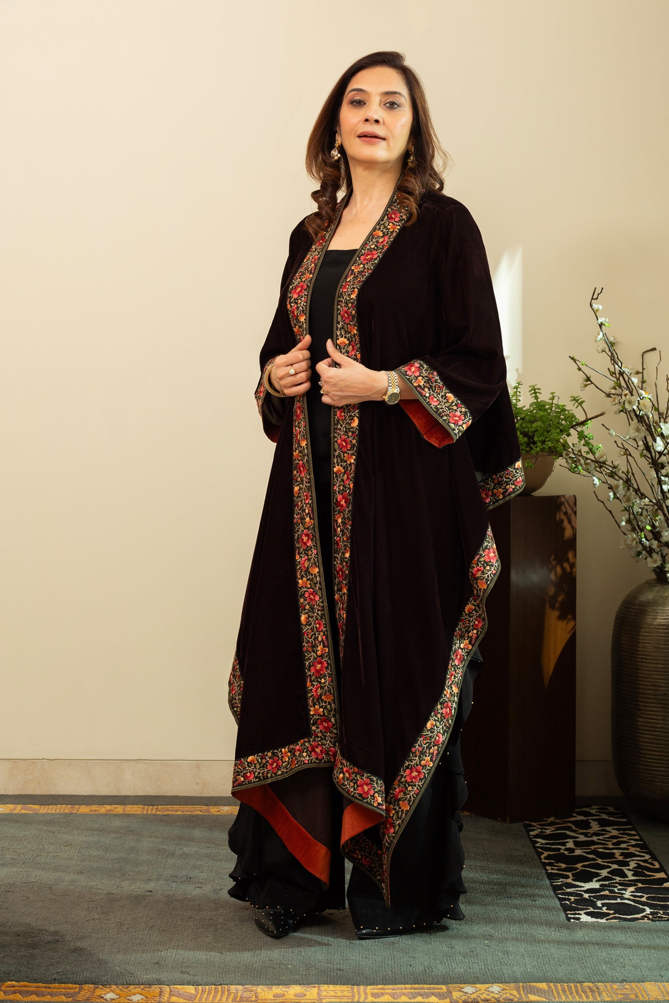 FAREEN Velvet Cape with Parsi Gara Embroidery in Umber Brown Colour