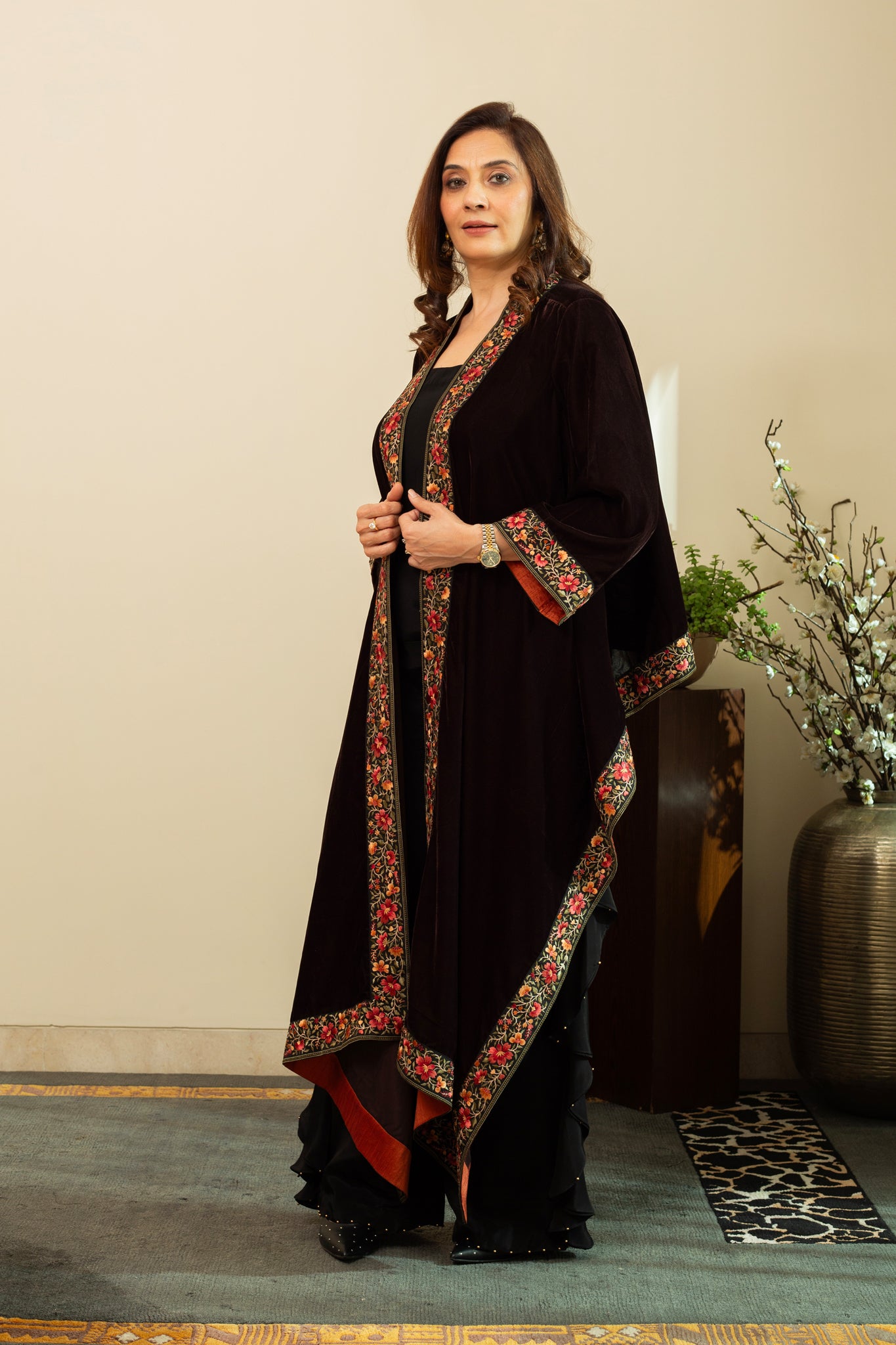 FAREEN Velvet Cape with Parsi Gara Embroidery in Umber Brown Colour