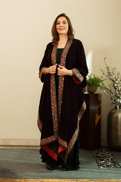 FAREEN Velvet Cape with Parsi Gara Embroidery in Umber Brown Colour