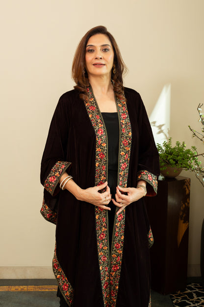 FAREEN Velvet Cape with Parsi Gara Embroidery in Umber Brown Colour