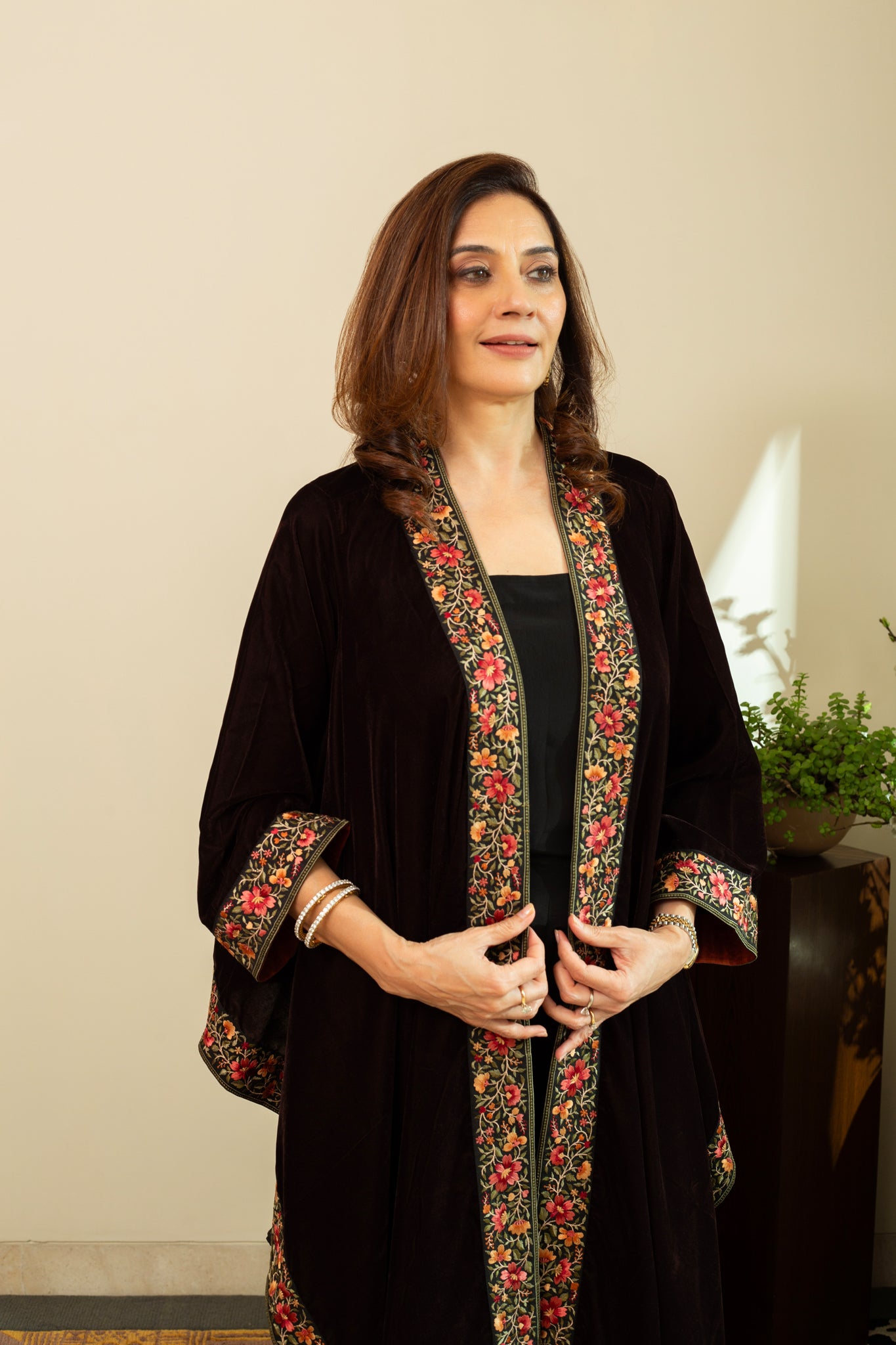 FAREEN Velvet Cape with Parsi Gara Embroidery in Umber Brown Colour