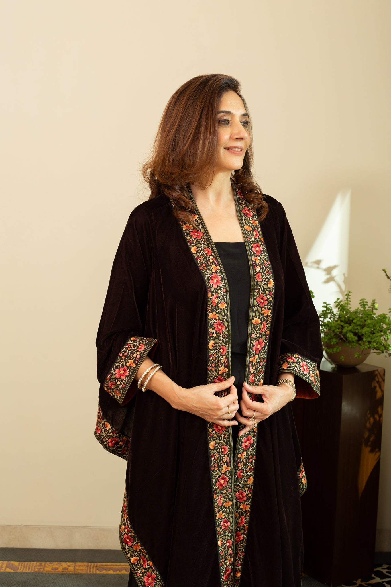 FAREEN Velvet Cape with Parsi Gara Embroidery in Umber Brown Colour