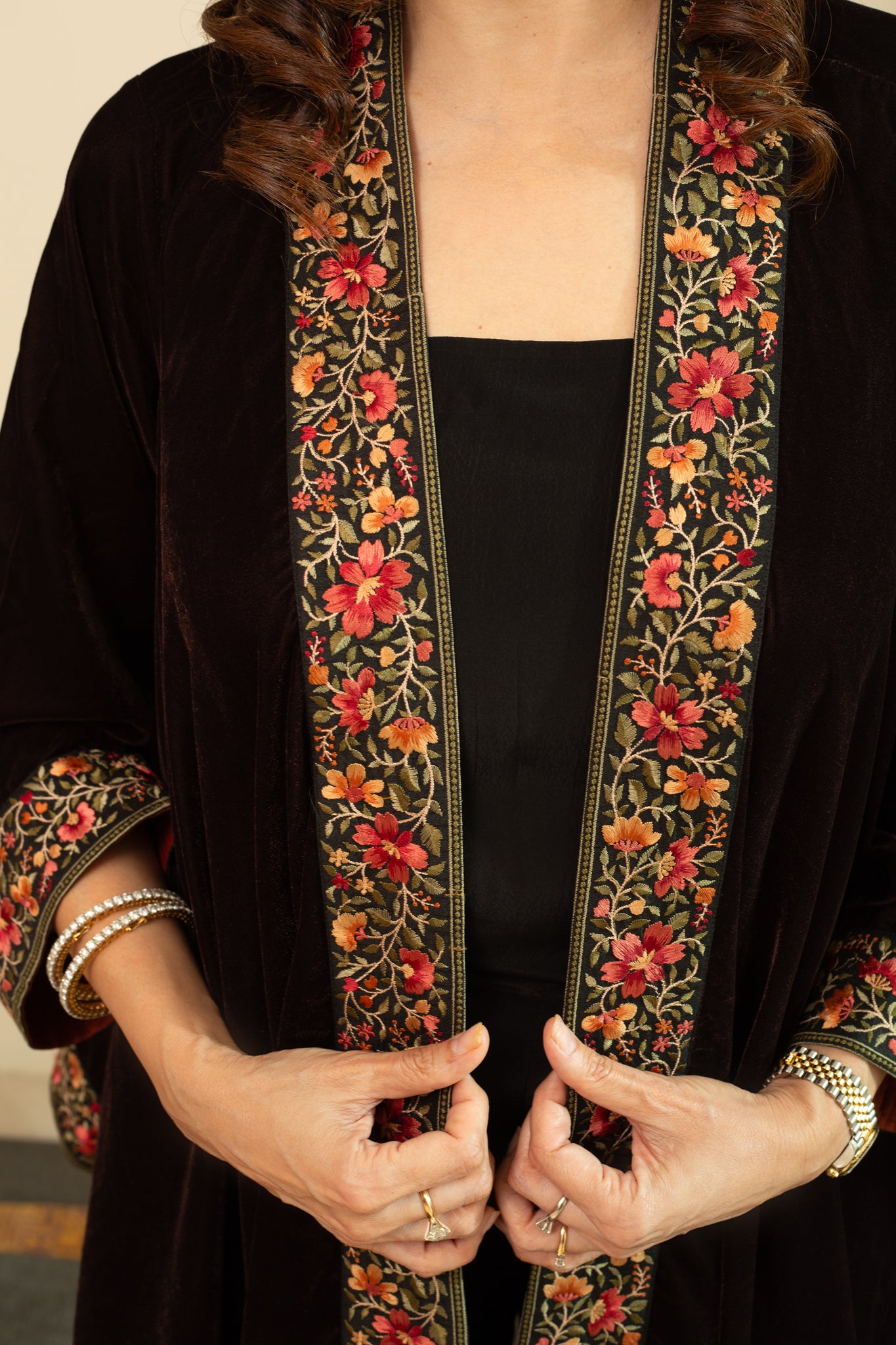 FAREEN Velvet Cape with Parsi Gara Embroidery in Umber Brown Colour