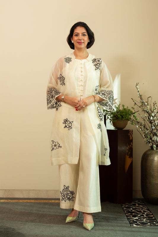 Zainab Ecru Organza Overlay Jacket with Top & Pants 3pc Set in Black Embroidery