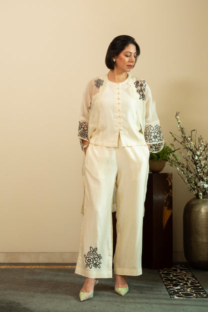 Zainab Ecru Organza Overlay Jacket with Top & Pants 3pc Set in Black Embroidery