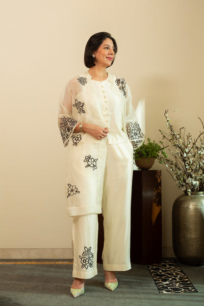 Zainab Ecru Organza Overlay Jacket with Top & Pants 3pc Set in Black Embroidery