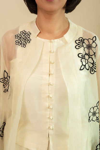 Zainab Ecru Organza Overlay Jacket with Top & Pants 3pc Set in Black Embroidery