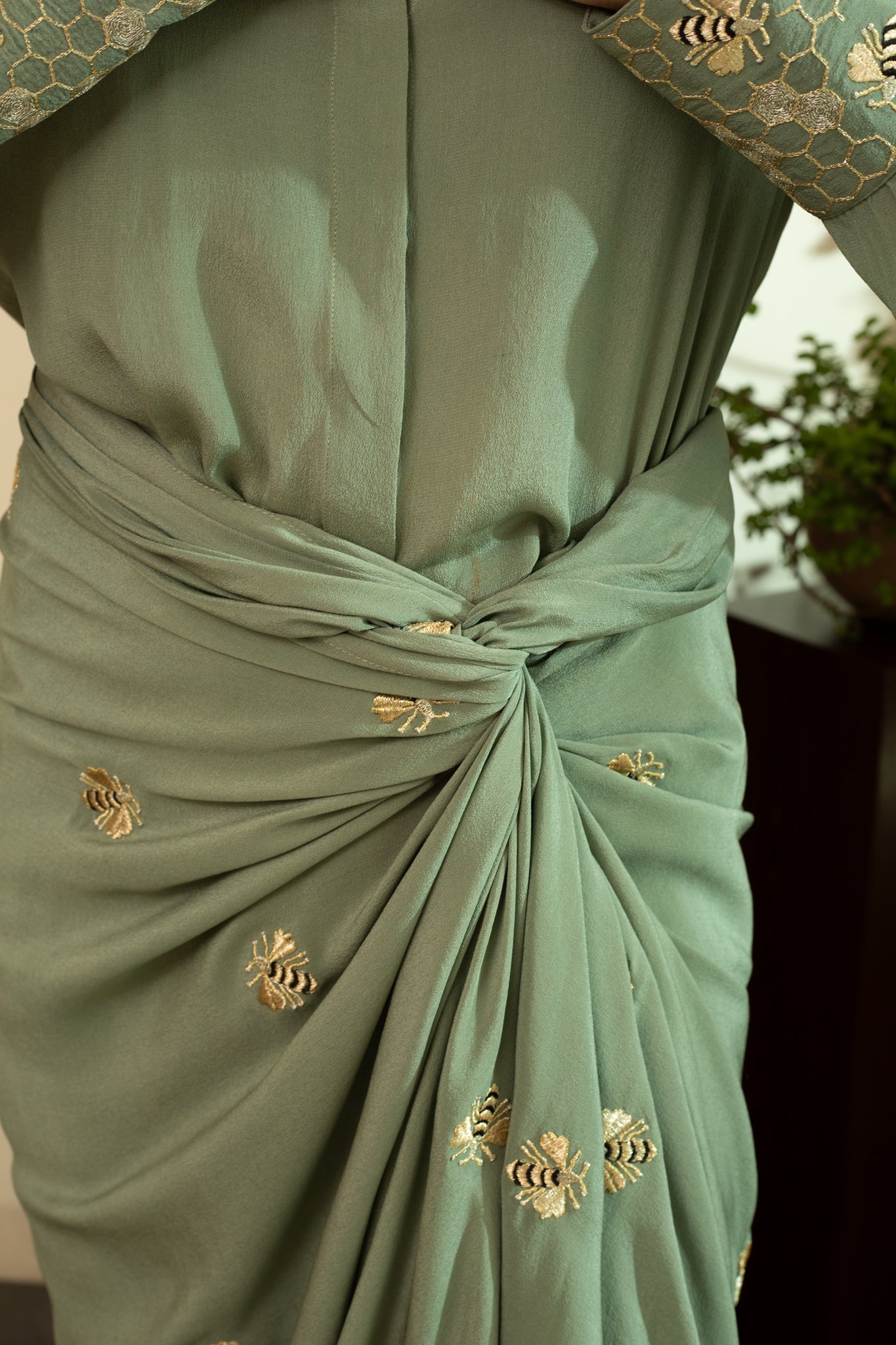 AAFREEN BEE Pure Silk Crepe Dhoti Skirt & Shirt  with Gold Zari Embroidery in Matcha Green Colour