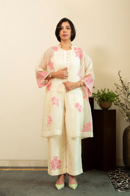 Zainab Ecru Organza Overlay Jacket with Top & Pants 3pc Set in  Pink Embroidery