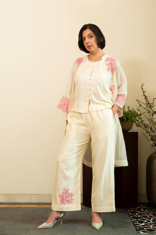 Zainab Ecru Organza Overlay Jacket with Top & Pants 3pc Set in  Pink Embroidery