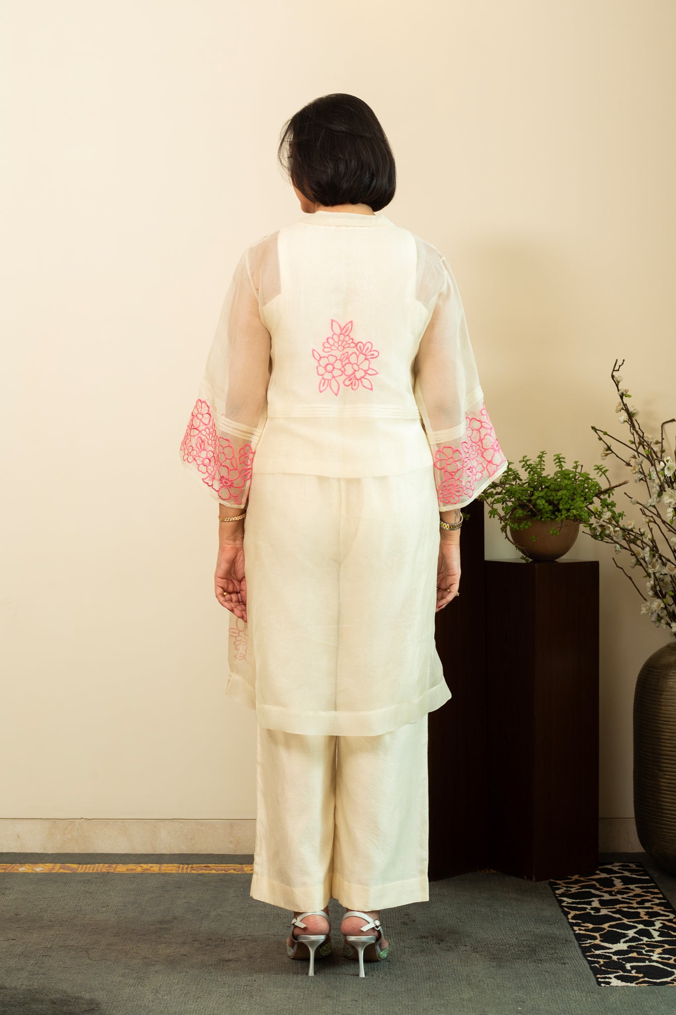 Zainab Ecru Organza Overlay Jacket with Top & Pants 3pc Set in  Pink Embroidery