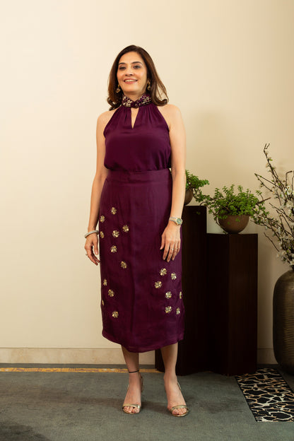 NAZNEEN Midnight Plum Pure silk Organza Wrap skirt with Halter Top with Gold Zari Honeycomb embroidery