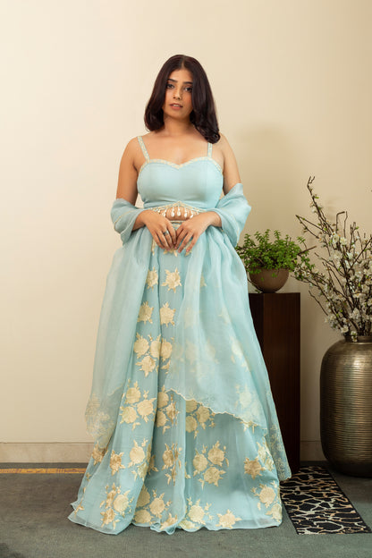 GULBANO Parsi Boota Lehenga in Powder Blue Colour