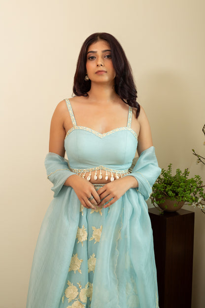 GULBANO Parsi Boota Lehenga in Powder Blue Colour