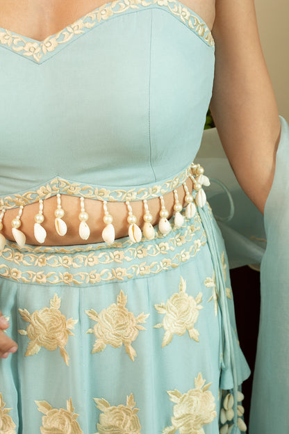 GULBANO Parsi Boota Lehenga in Powder Blue Colour