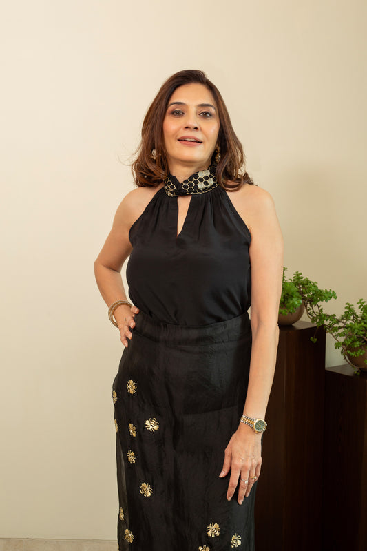 NAZNEEN Black Pure silk Organza Wrap skirt with Halter Top with Gold Zari Honeycomb embroidery