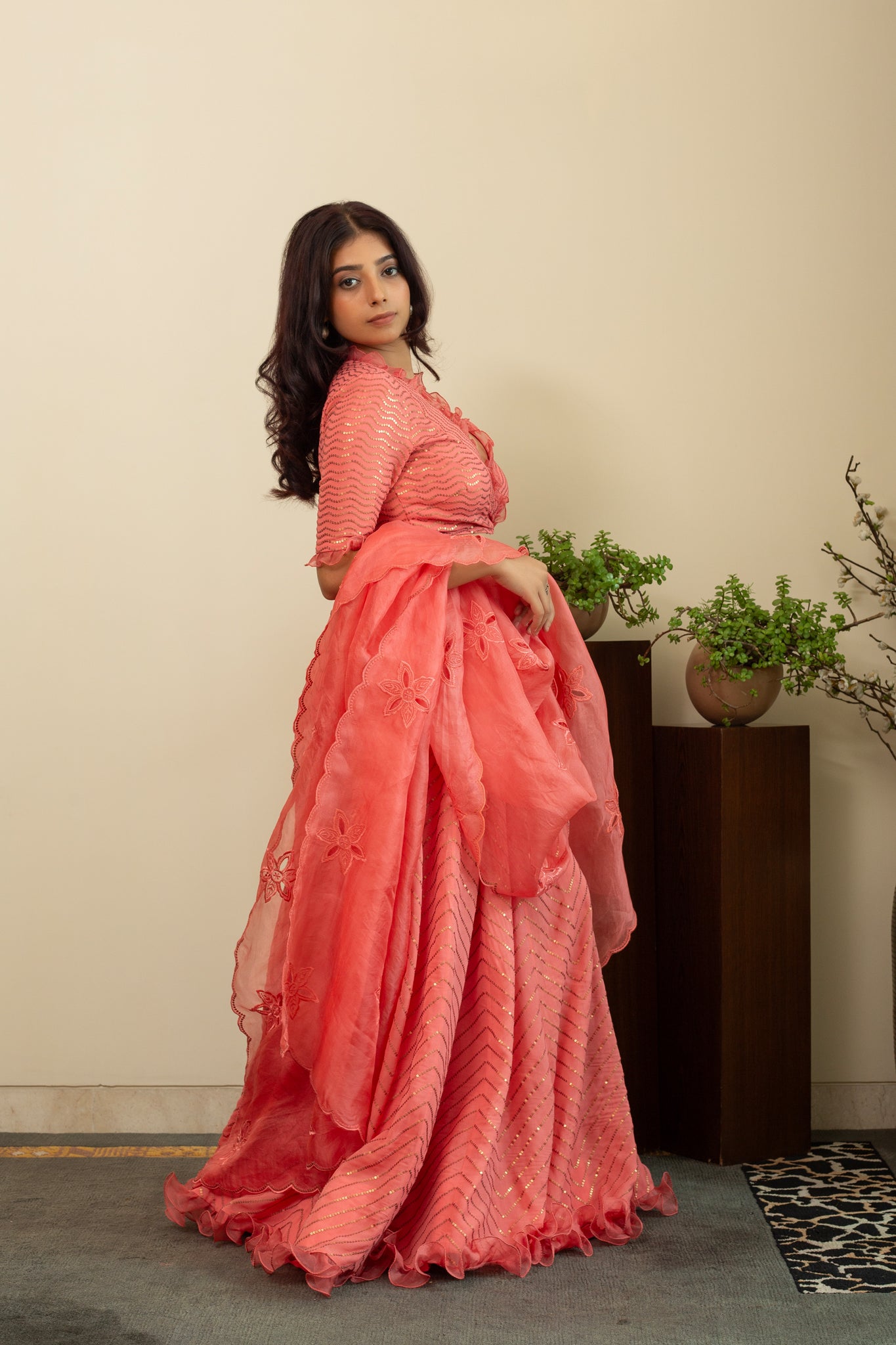 NAFISA Coral Sequence Frill Lehenga