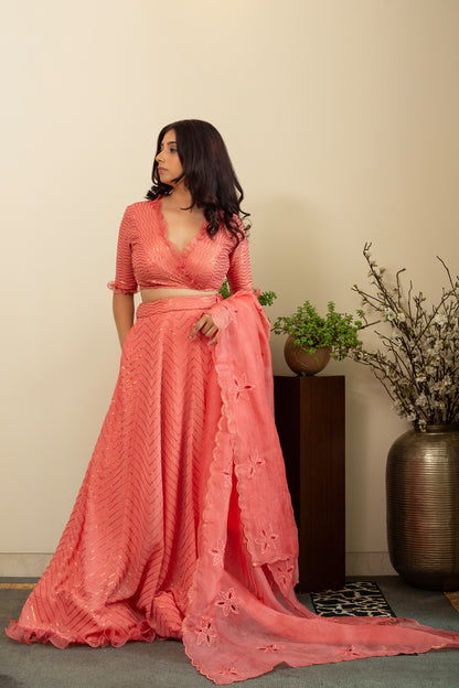 NAFISA Coral Sequence Frill Lehenga