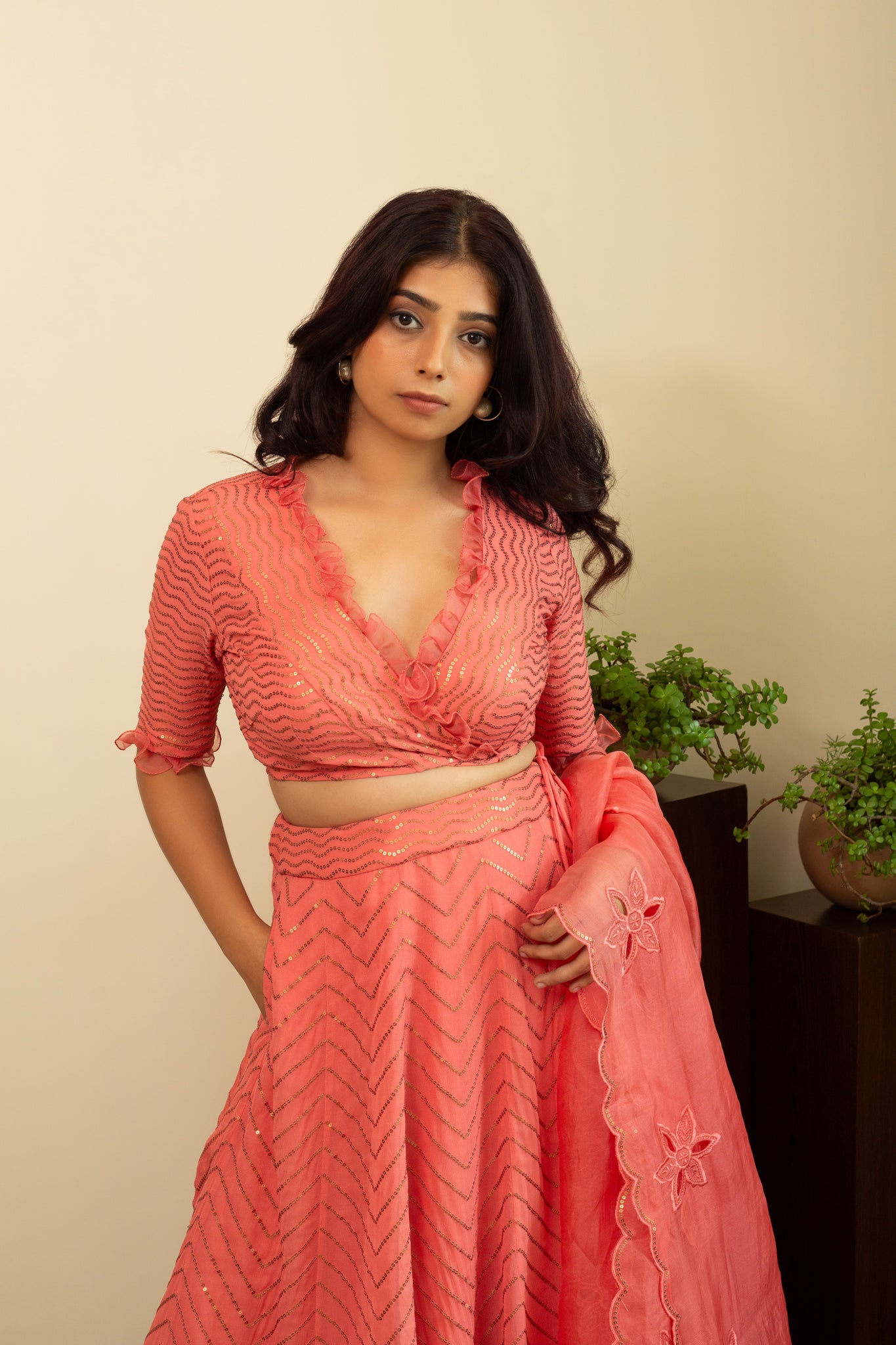 NAFISA Coral Sequence Frill Lehenga