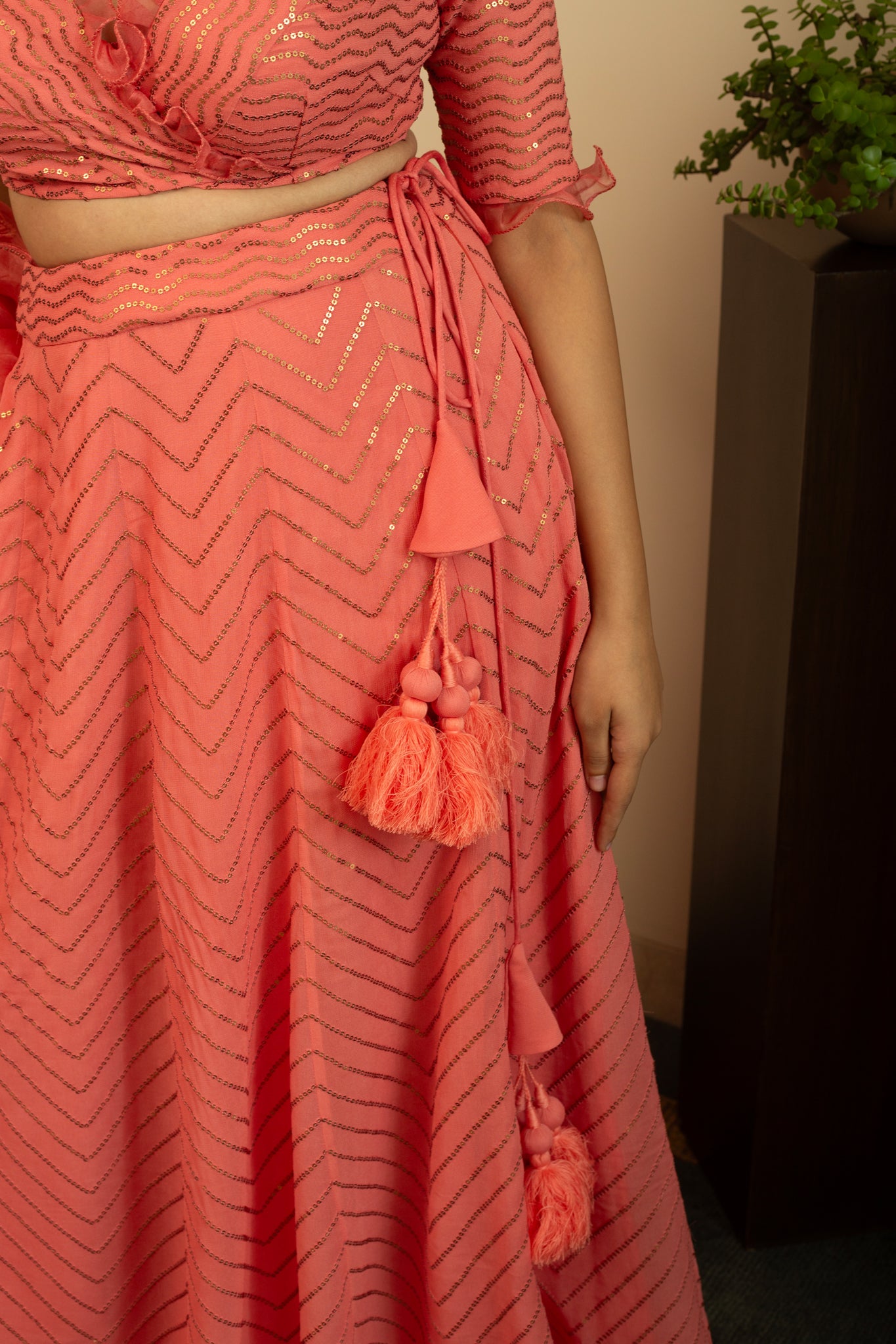 NAFISA Coral Sequence Frill Lehenga