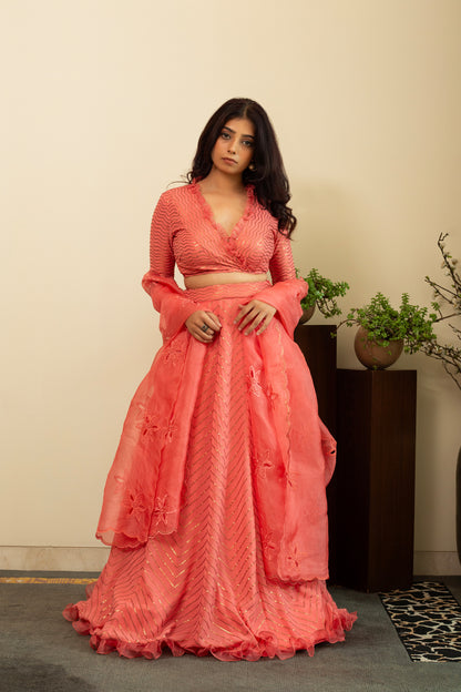 NAFISA Coral Sequence Frill Lehenga