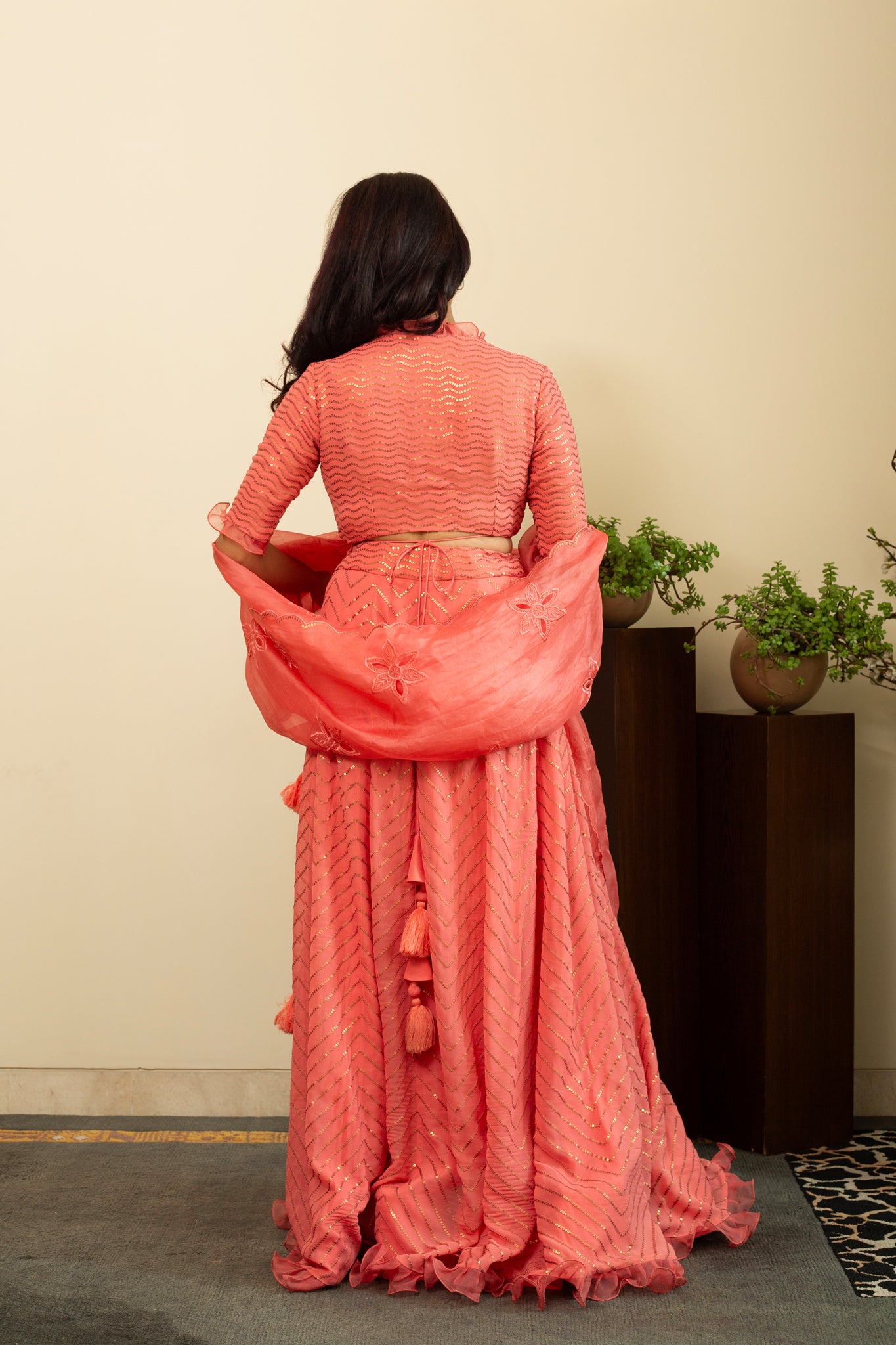 NAFISA Coral Sequence Frill Lehenga