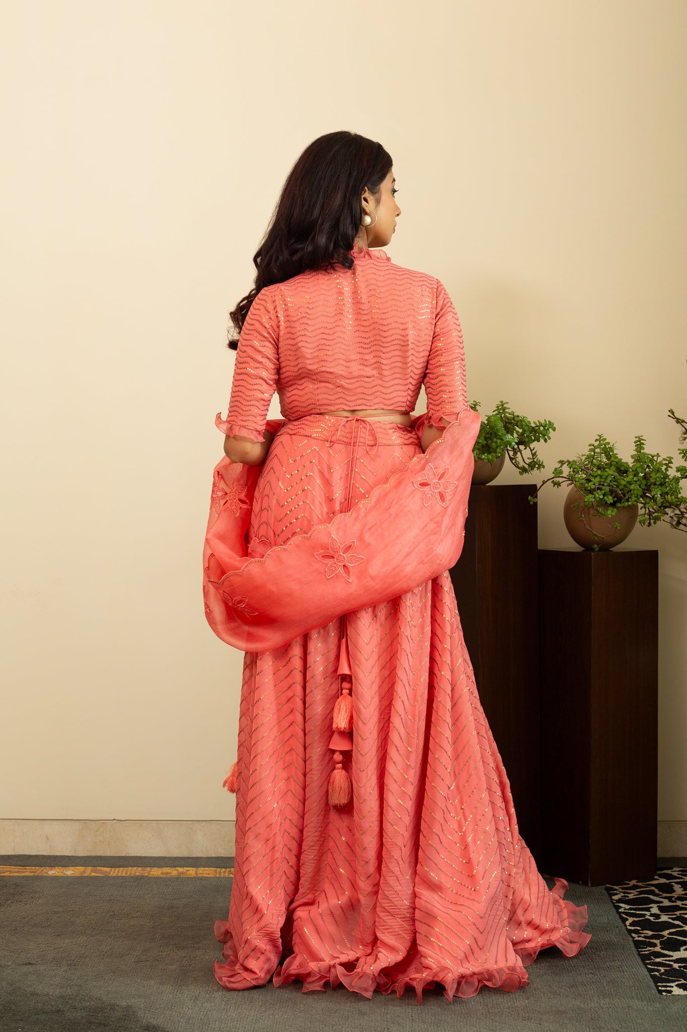 NAFISA Coral Sequence Frill Lehenga