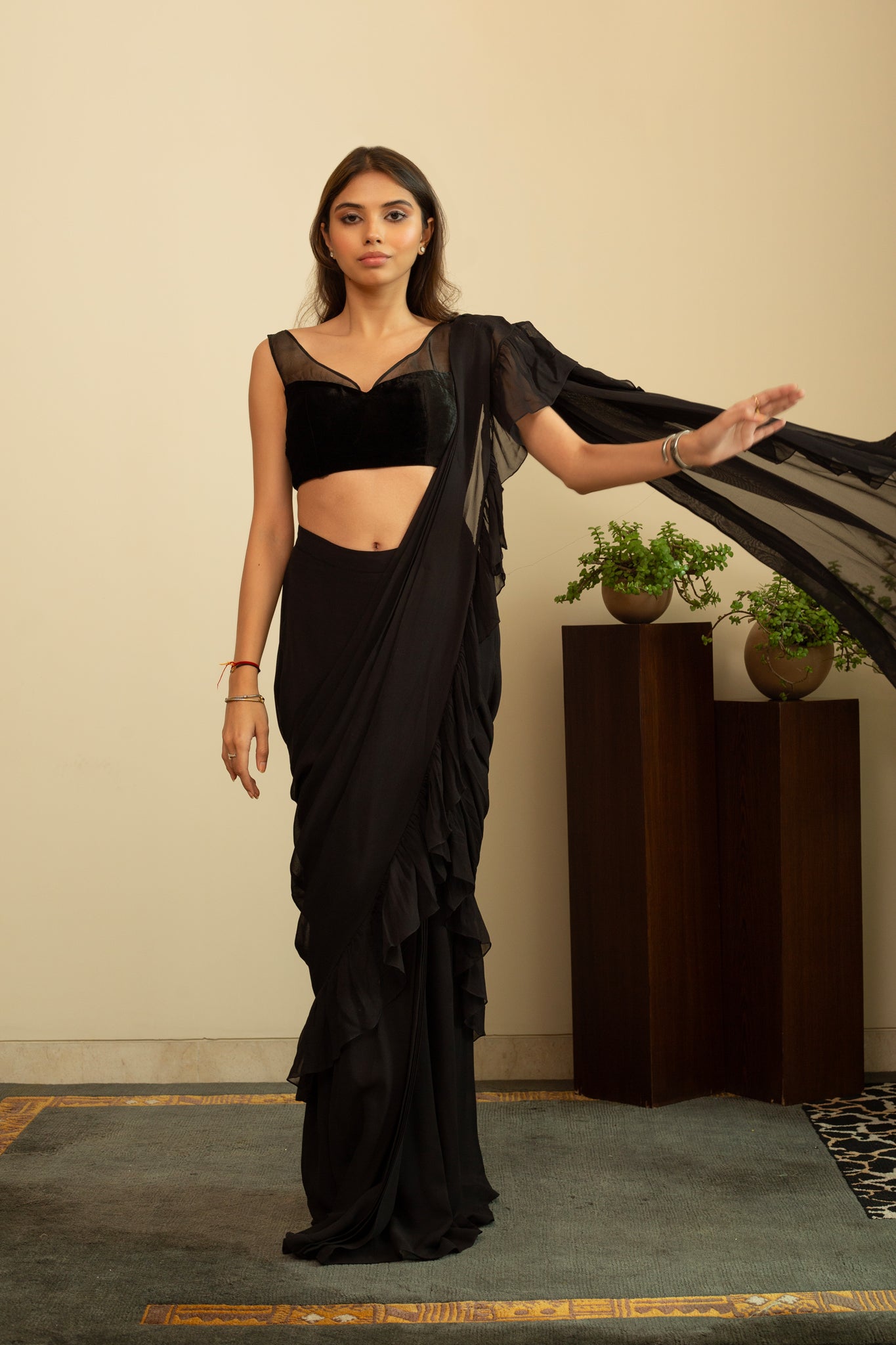 LAILA Stitched Saree Set with blouse in Black Colour