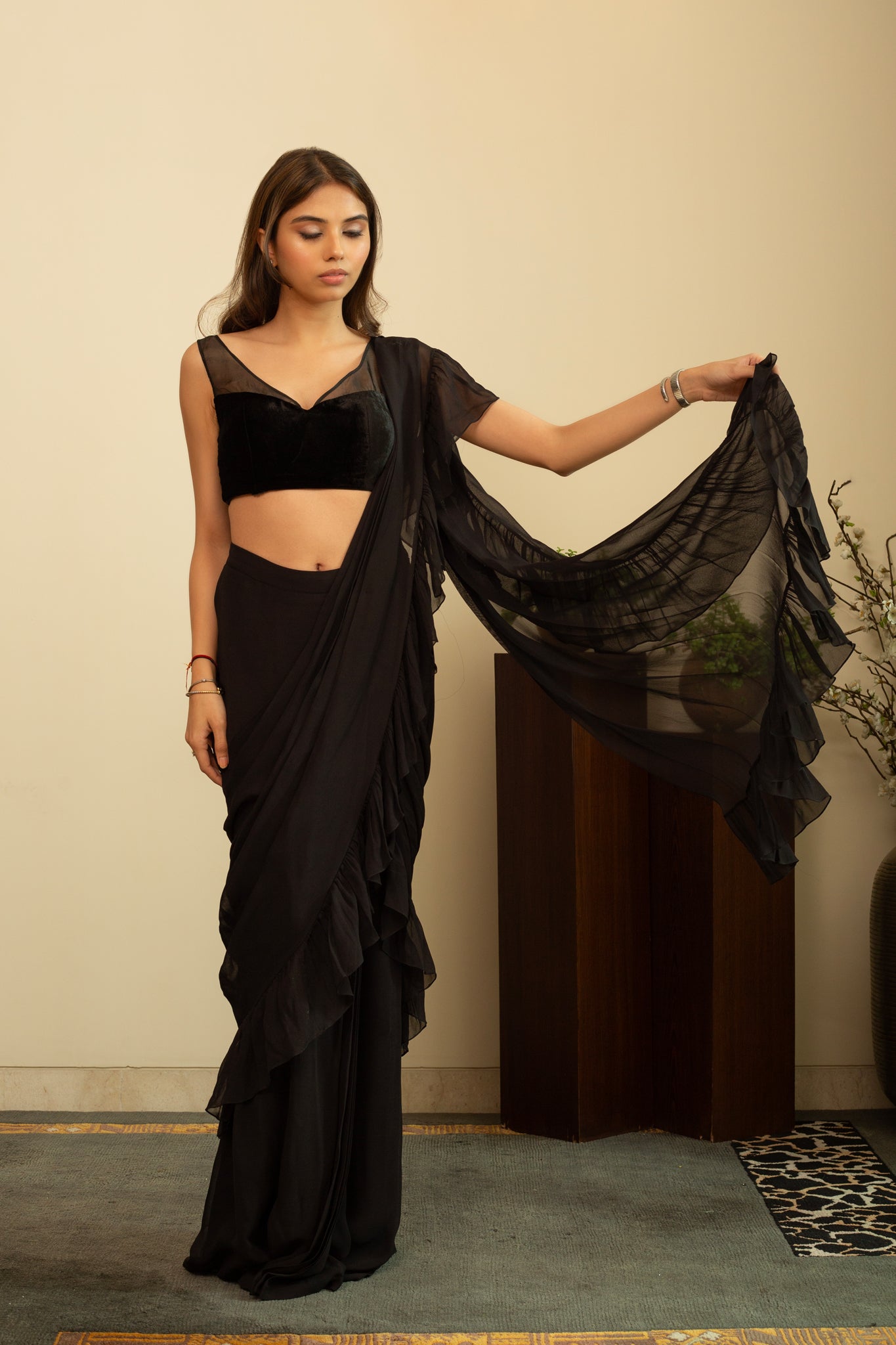 LAILA Stitched Saree Set with blouse in Black Colour