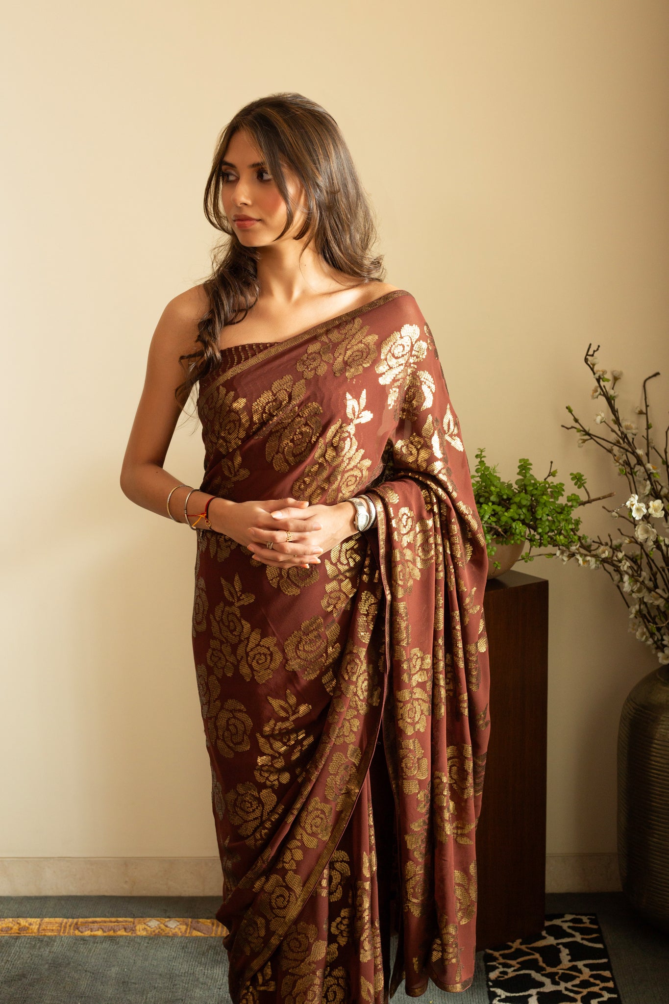 SANA ROSE Dull Gold Sequin Saree in Chocolate Brown Colour