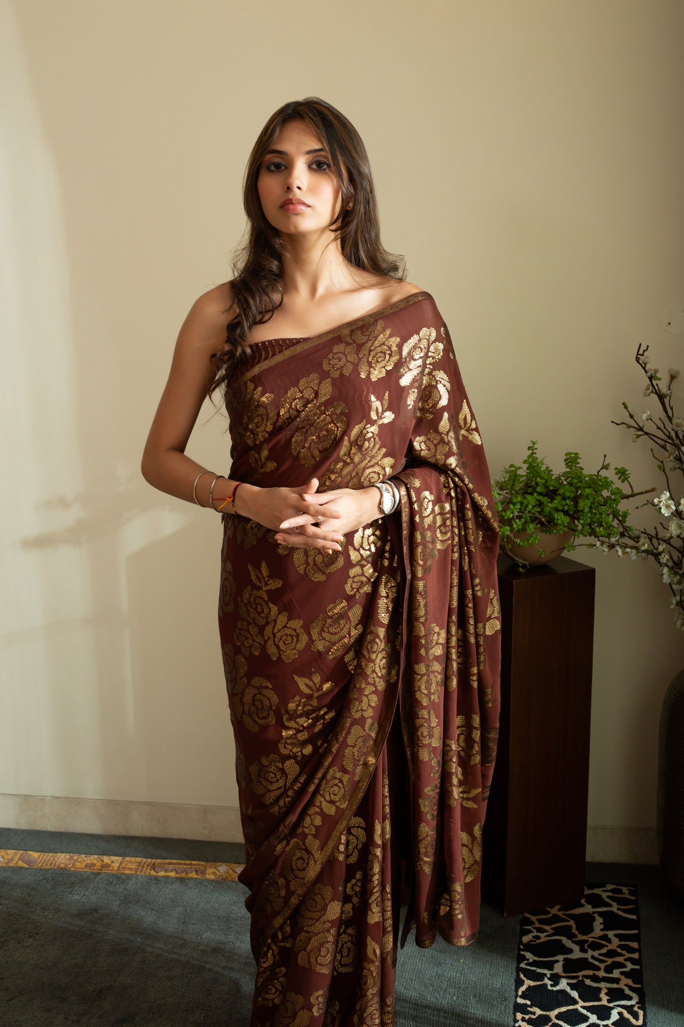 SANA ROSE Dull Gold Sequin Saree in Chocolate Brown Colour