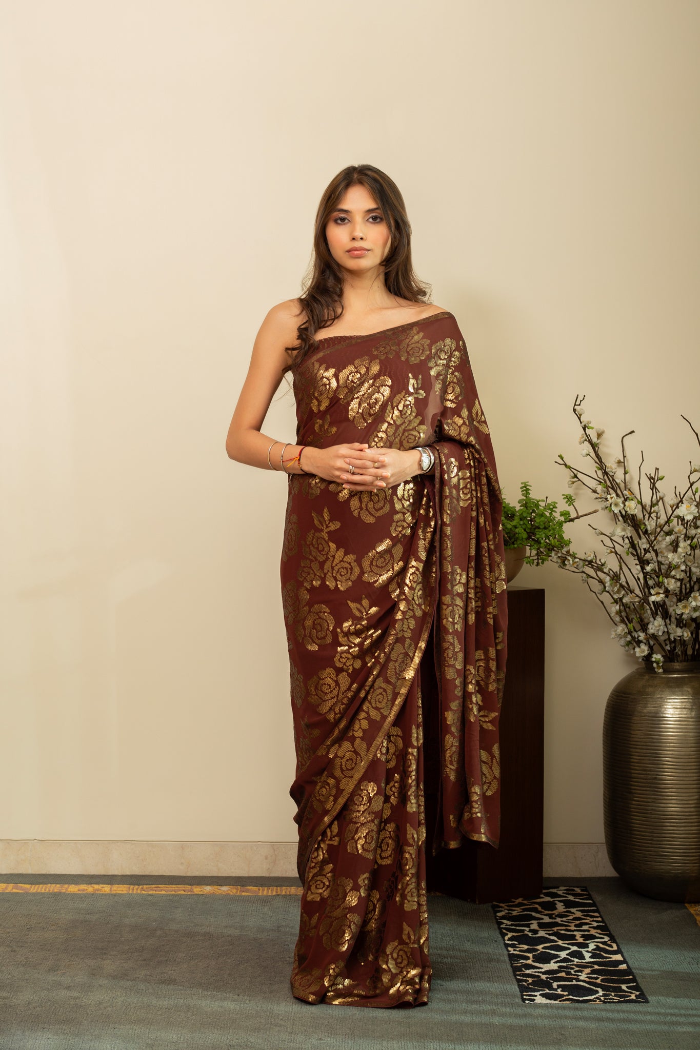 SANA ROSE Dull Gold Sequin Saree in Chocolate Brown Colour