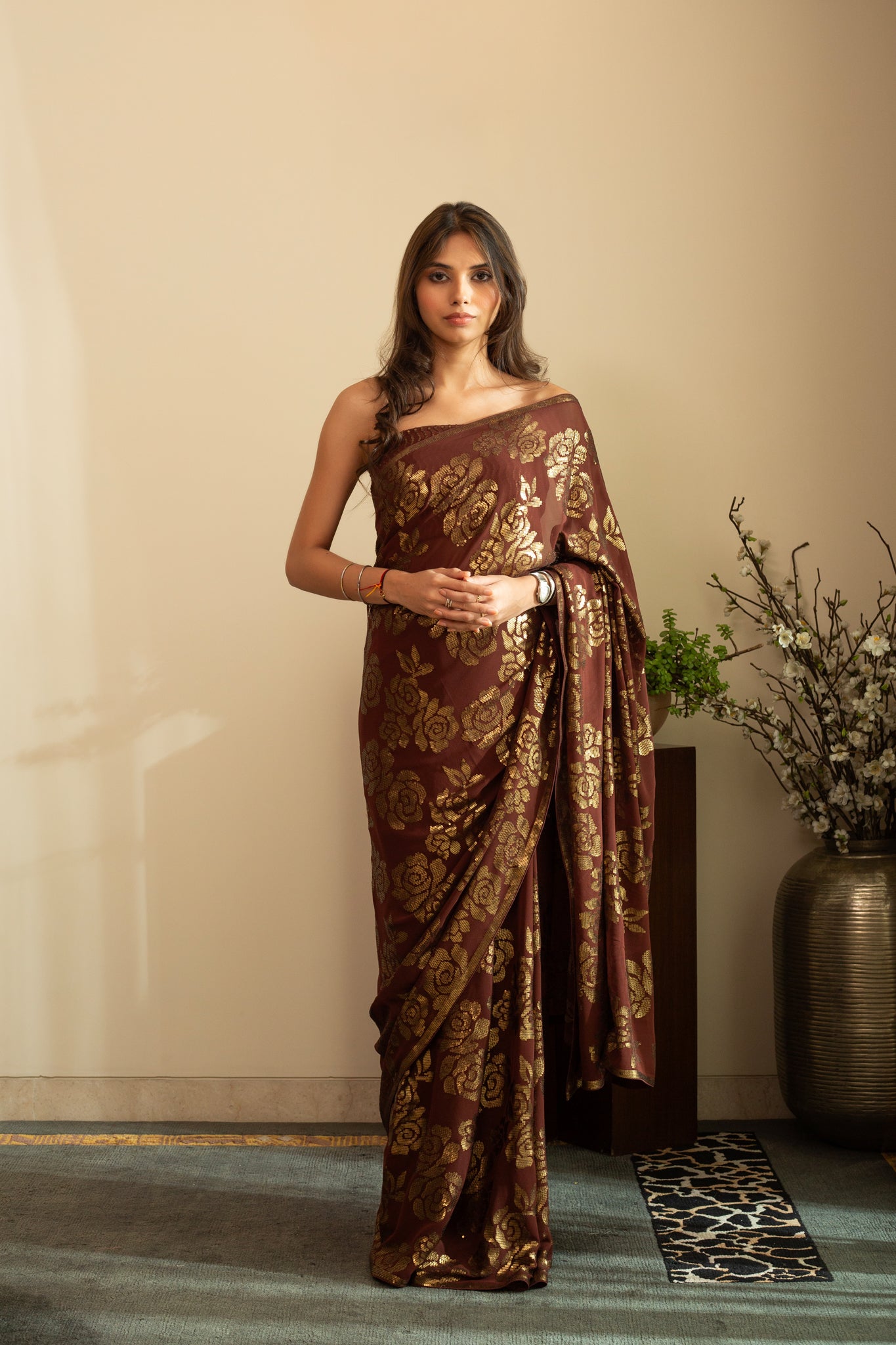 SANA ROSE Dull Gold Sequin Saree in Chocolate Brown Colour