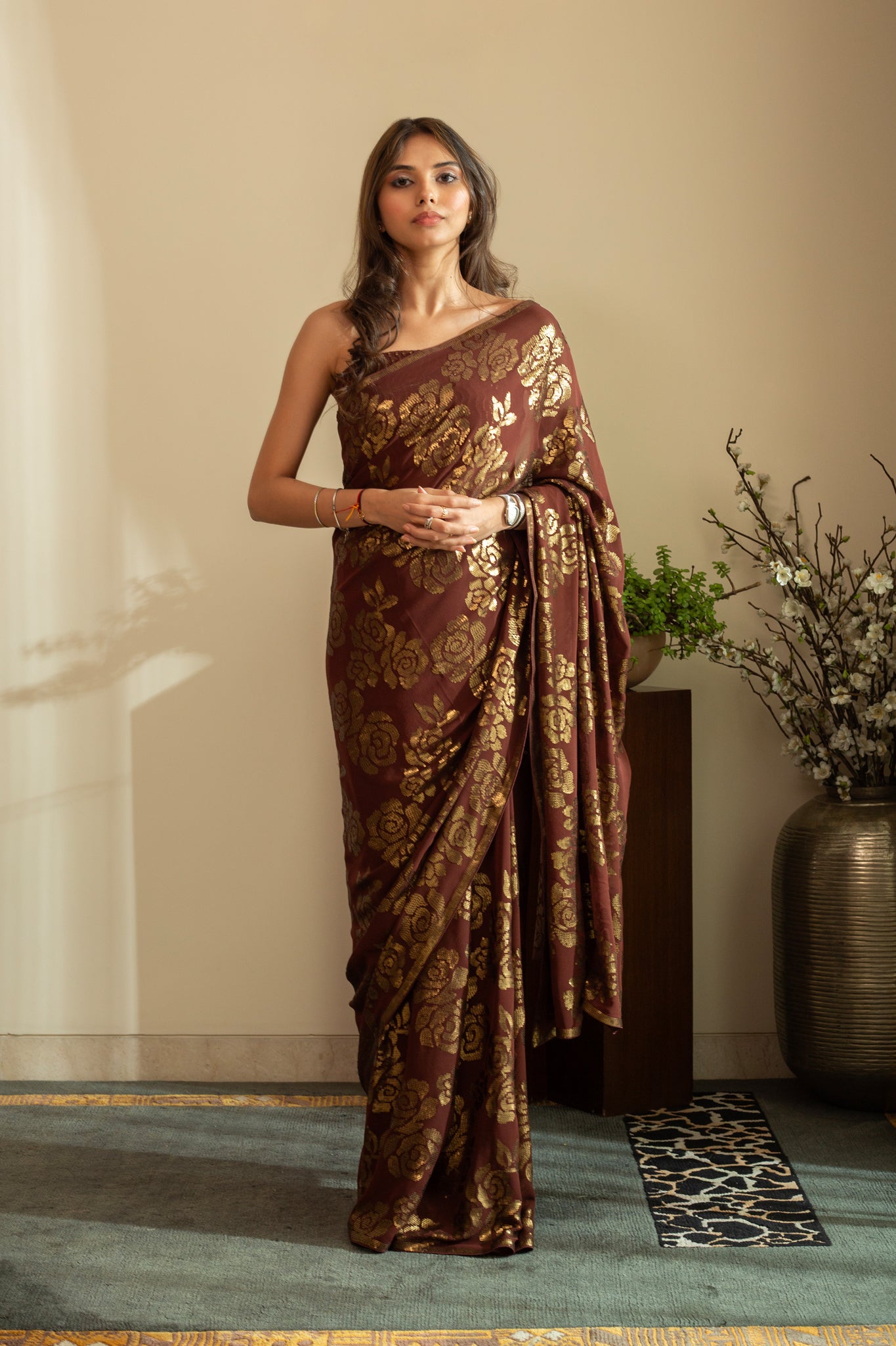 SANA ROSE Dull Gold Sequin Saree in Chocolate Brown Colour