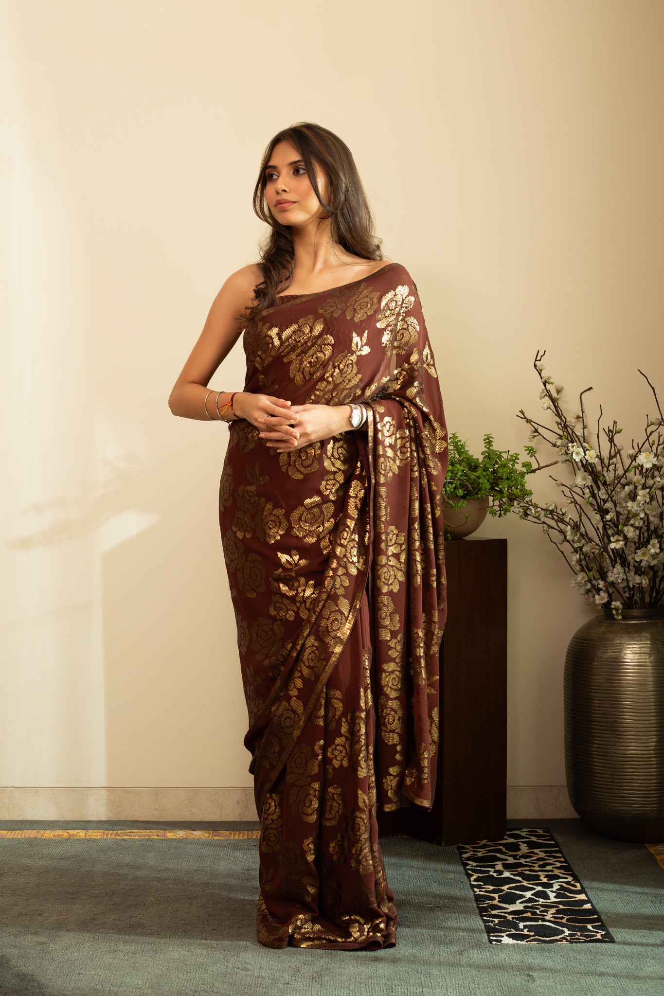 SANA ROSE Dull Gold Sequin Saree in Chocolate Brown Colour