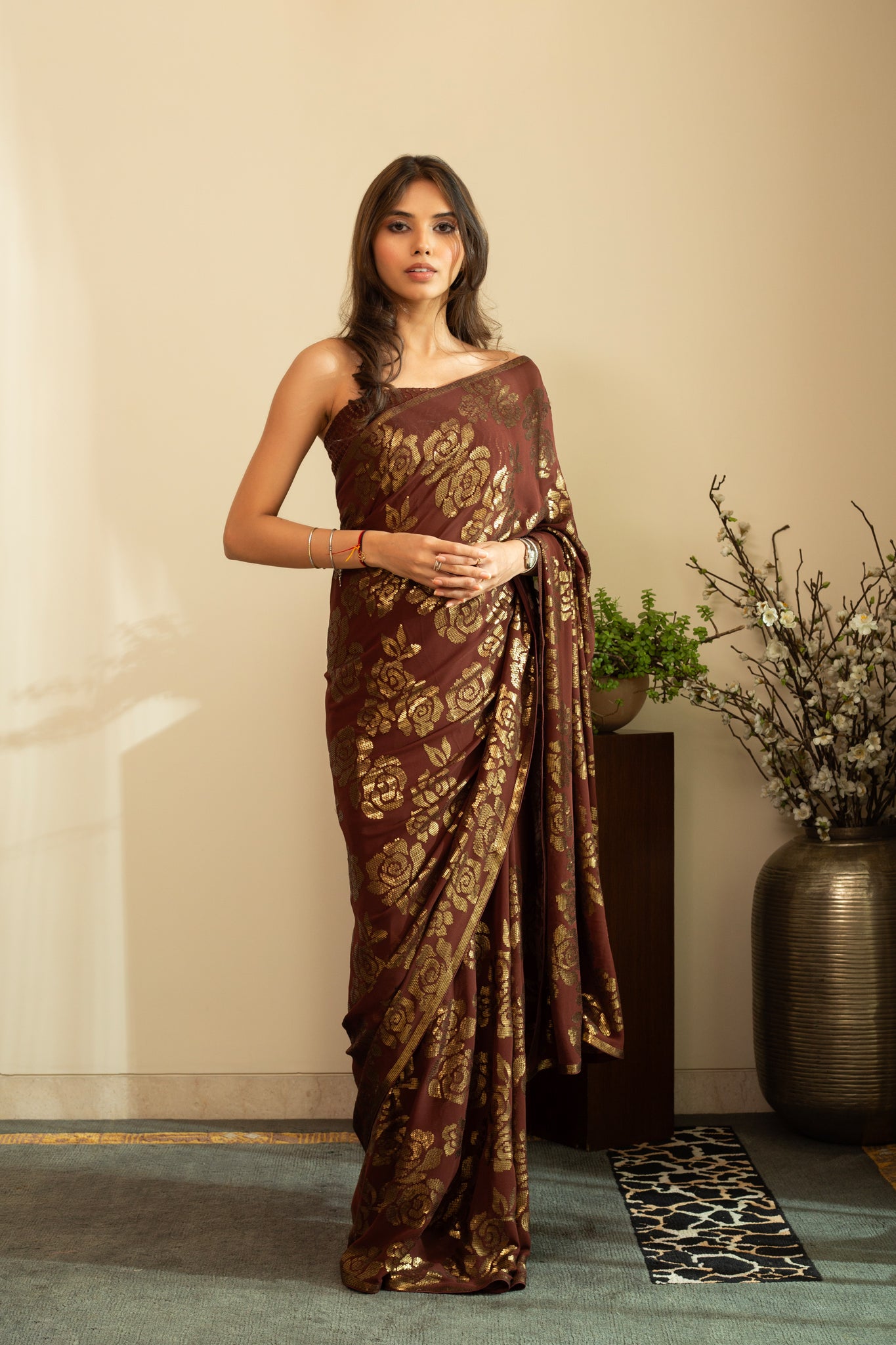 SANA ROSE Dull Gold Sequin Saree in Chocolate Brown Colour