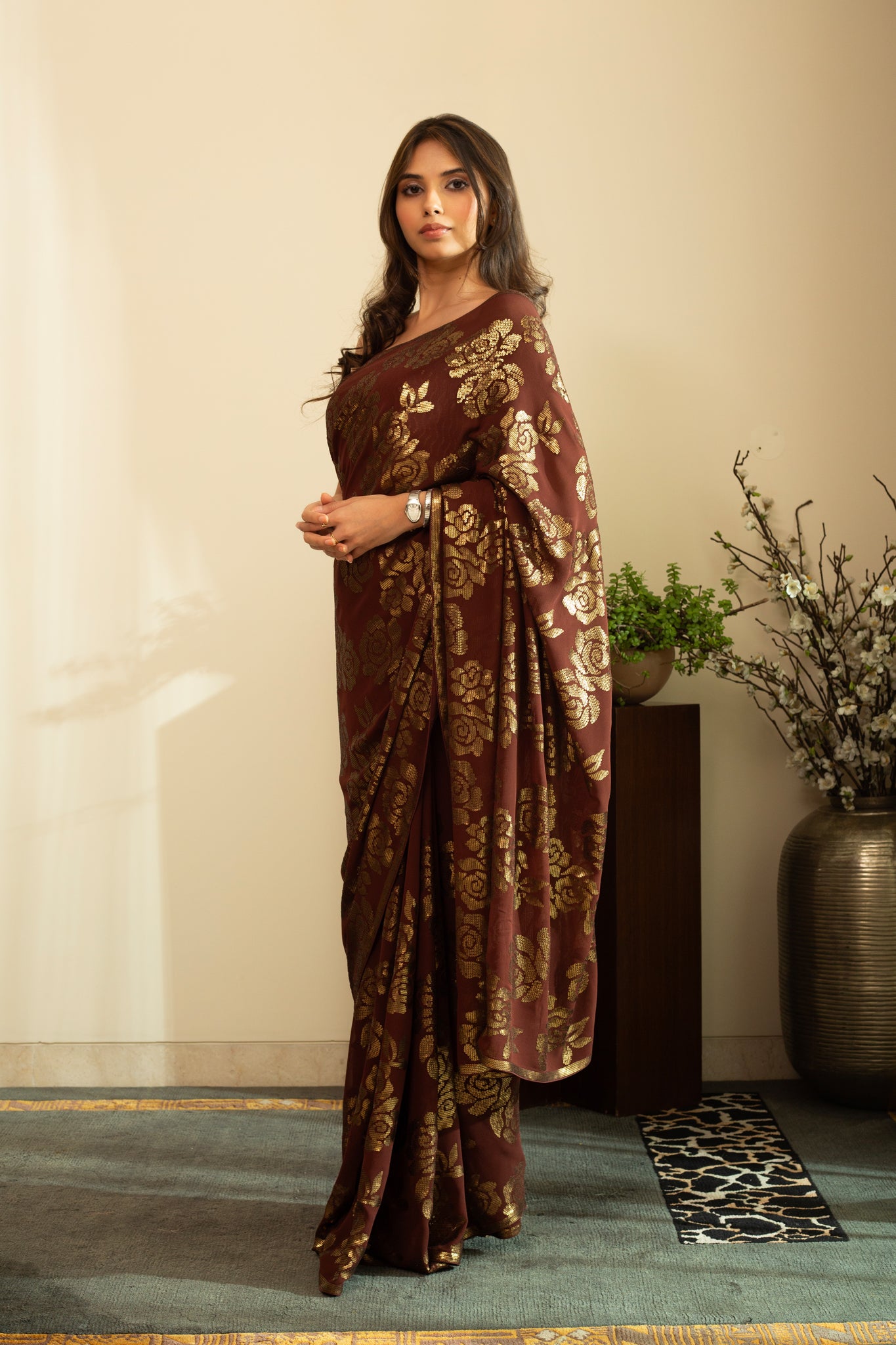 SANA ROSE Dull Gold Sequin Saree in Chocolate Brown Colour