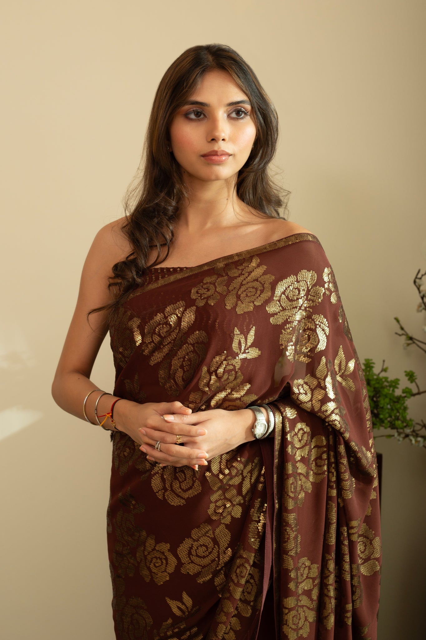 SANA ROSE Dull Gold Sequin Saree in Chocolate Brown Colour