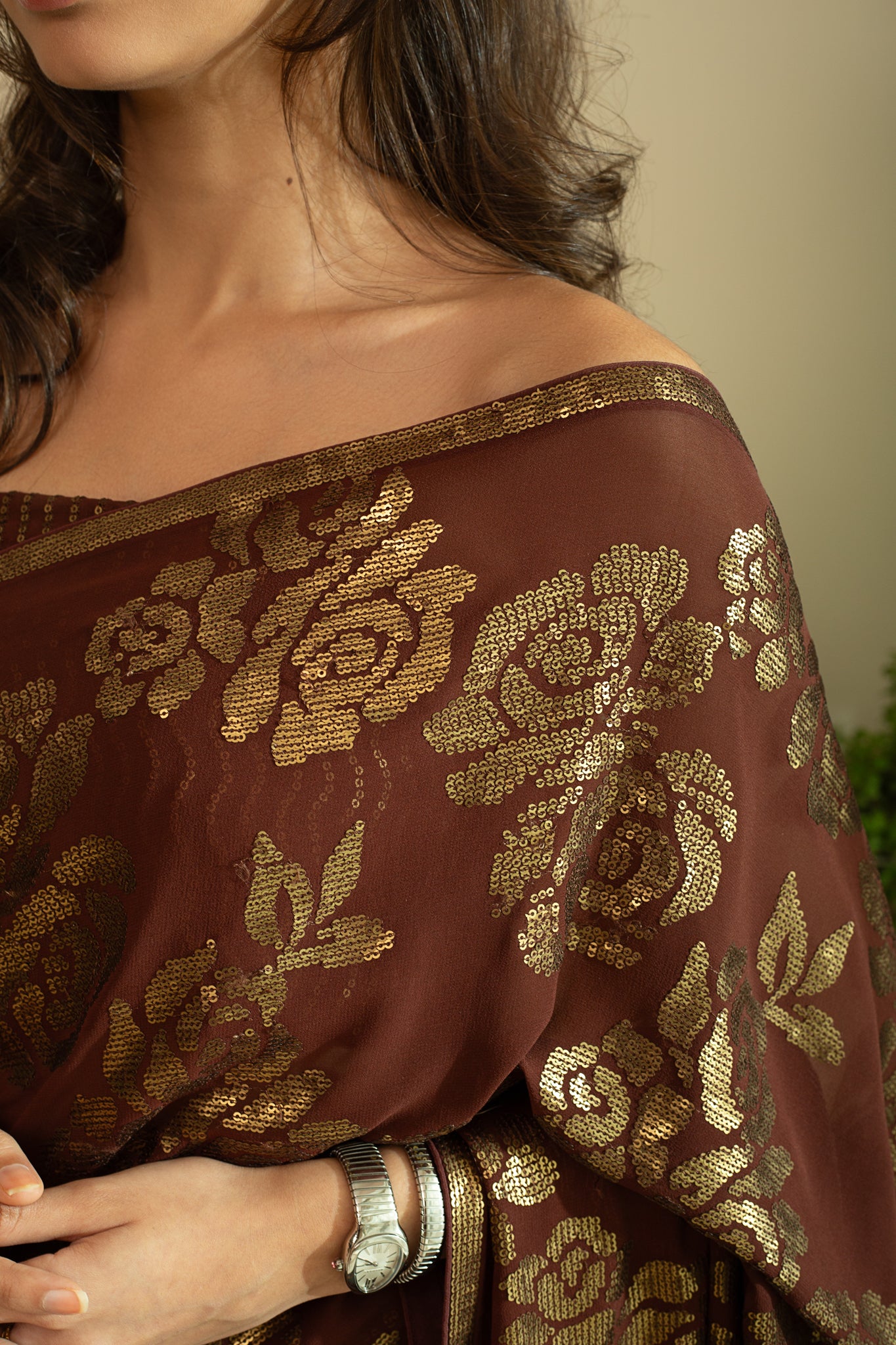 SANA ROSE Dull Gold Sequin Saree in Chocolate Brown Colour